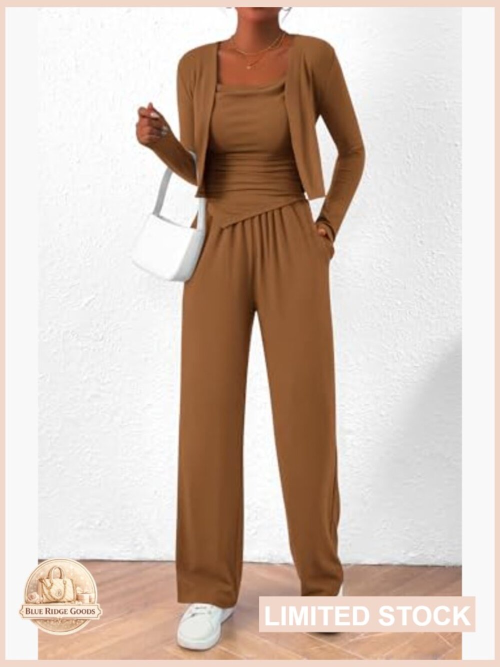 3 Piece Lounge Set Tracksuit Cardigan Crop Top Wide Leg Sweatpants - Picture 3 of 7